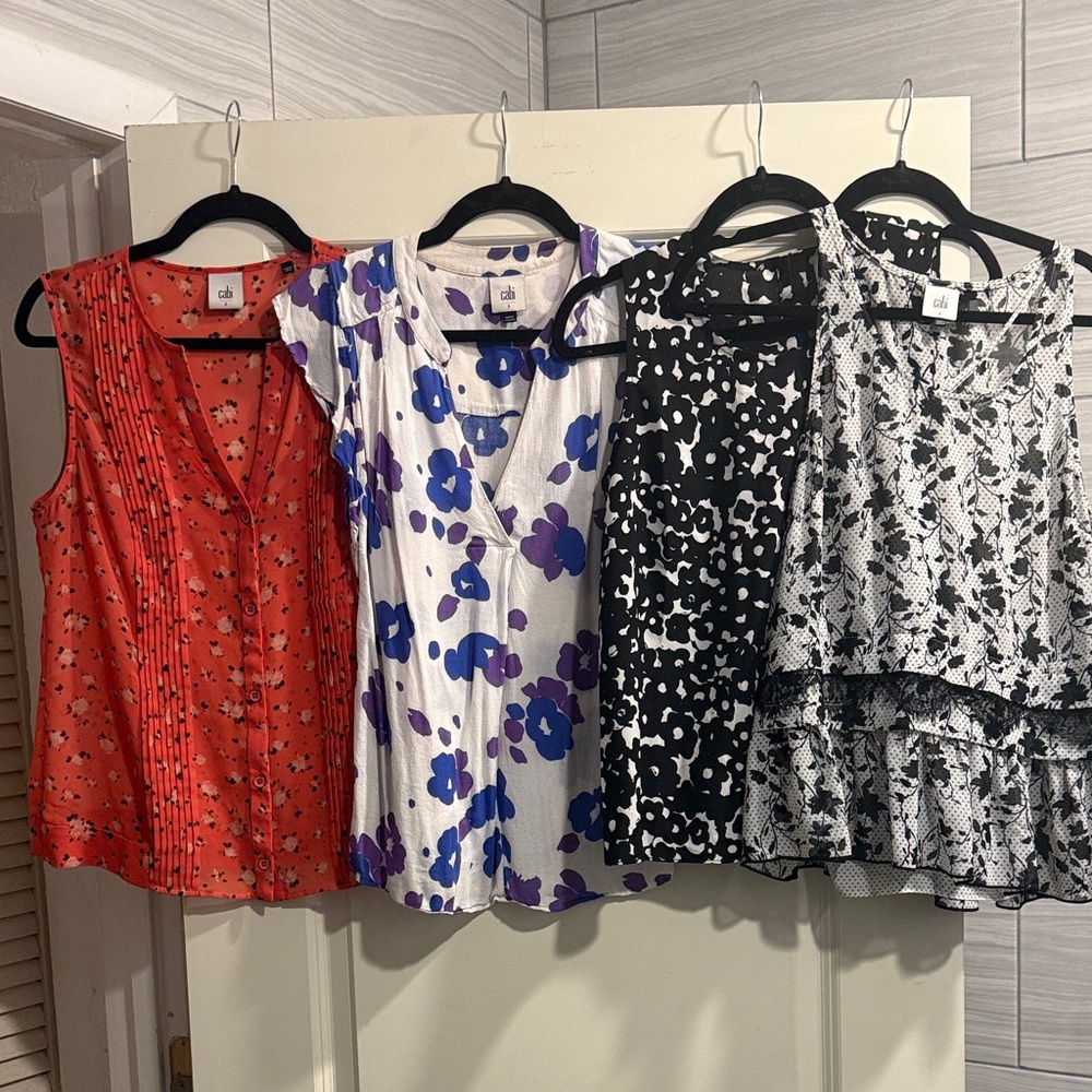 Lot of 4 CAbi Women's Blouses - Orange , Blue, Black, White Floral Set